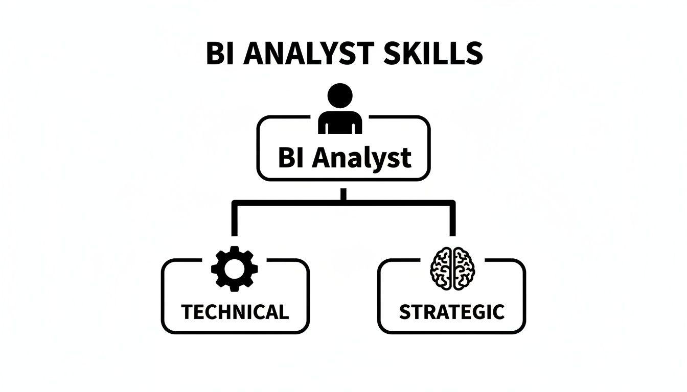 Un diagramma che illustra le competenze tecniche e strategiche fondamentali richieste a un Analista BI.