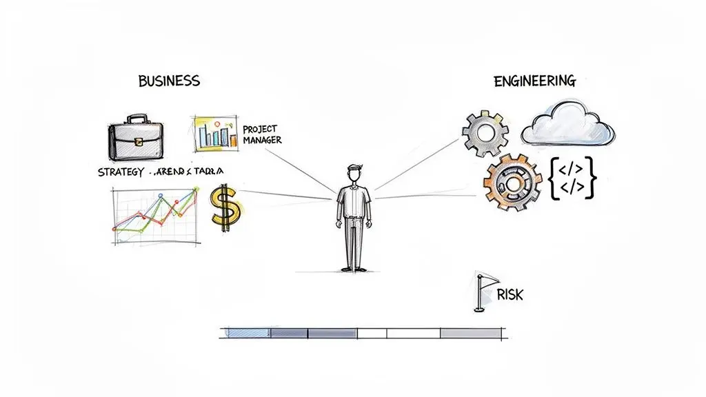 Illustrazione di un project manager che collega strategia aziendale, analisi finanziaria e sviluppo ingegneristico, insieme alla valutazione dei rischi.