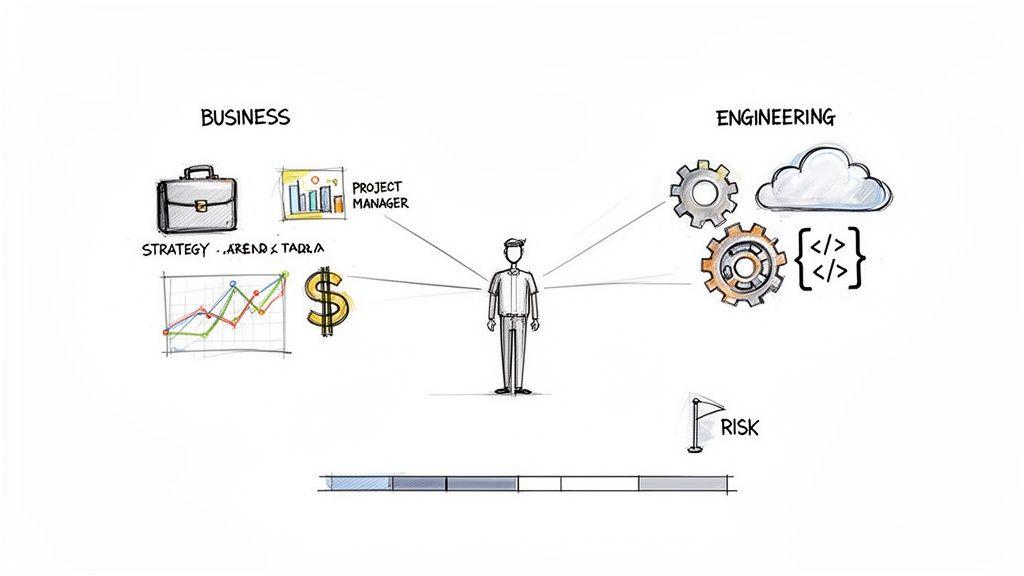 Illustration of a project manager connecting business strategy, financial analysis, and engineering development, alongside risk assessment.
