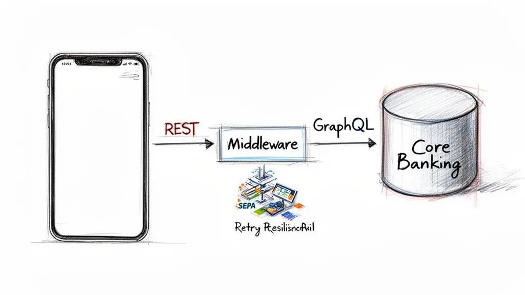 Il diagramma illustra l'architettura del mobile banking, mostrando la connettività dell'app al core banking tramite middleware con REST, GraphQL e resilienza ai retry.