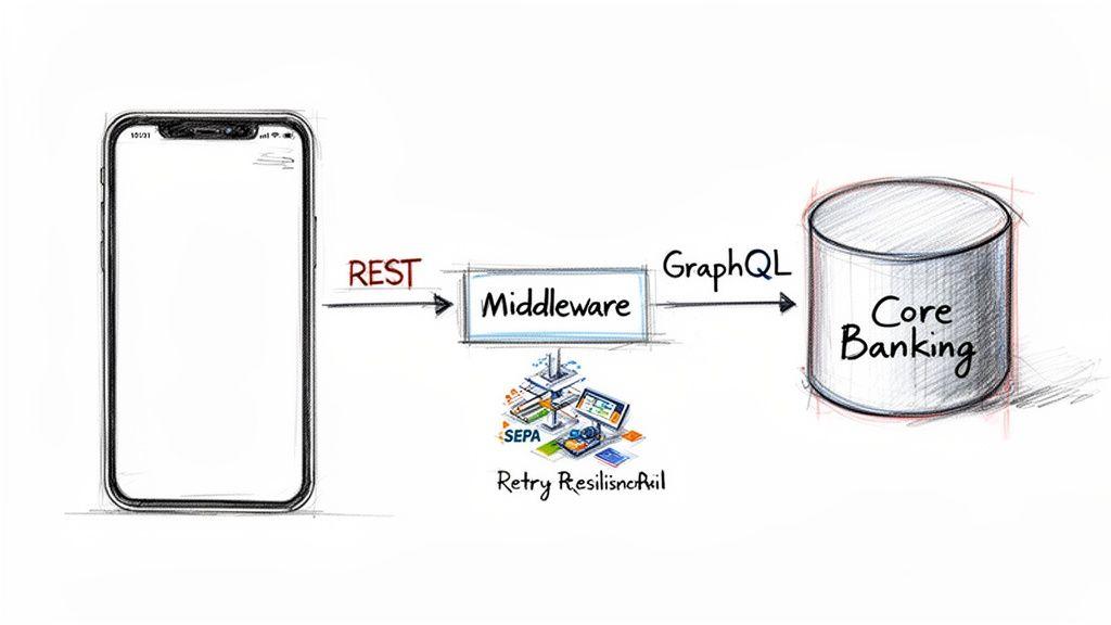 Diagram illustrates mobile banking architecture, showing app connectivity to core banking via middleware with REST, GraphQL, and retry resilience.