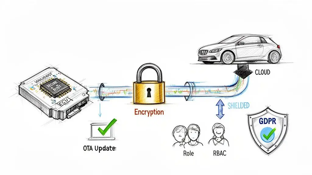 Diagramma che mostra una comunicazione IoT sicura per ECU automotive con crittografia, aggiornamenti OTA, cloud, RBAC e conformità GDPR.