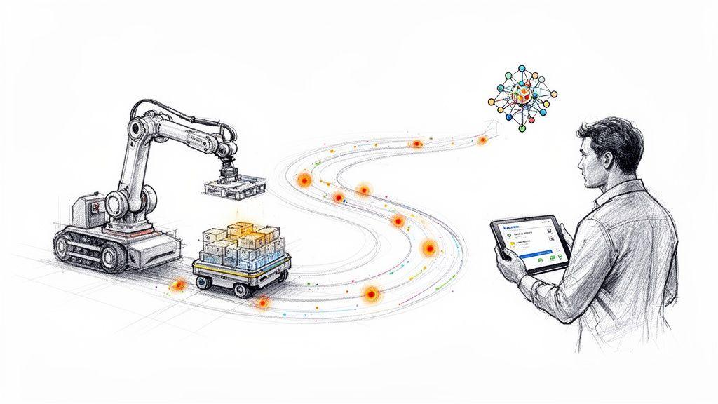 Sistema di magazzino automatizzato: braccio robotico che carica un AGV, con un responsabile che monitora dati digitali su un tablet.