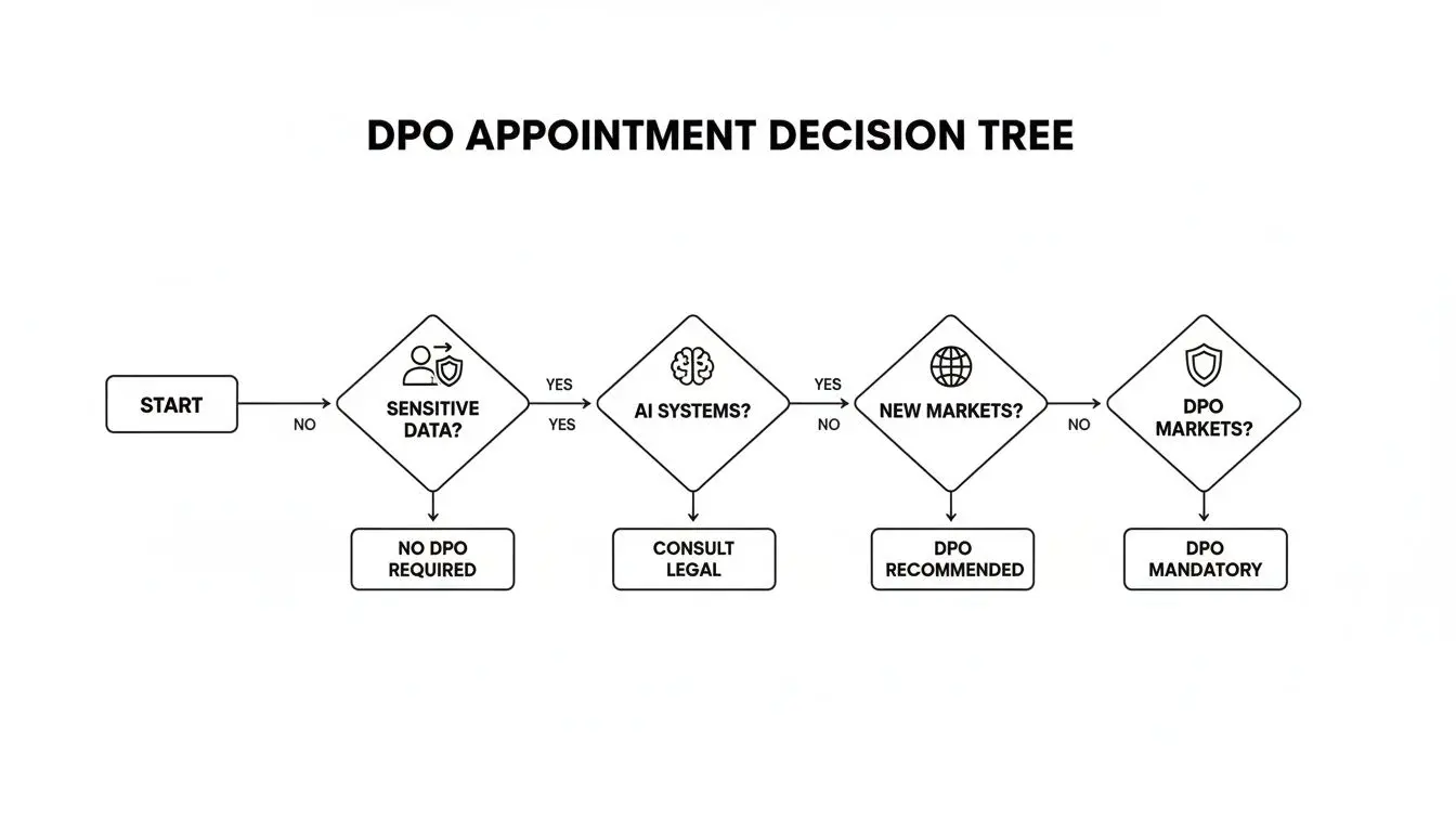 Diagramma di flusso che illustra un albero decisionale per la nomina di un DPO basato su dati sensibili, IA e fattori di mercato.