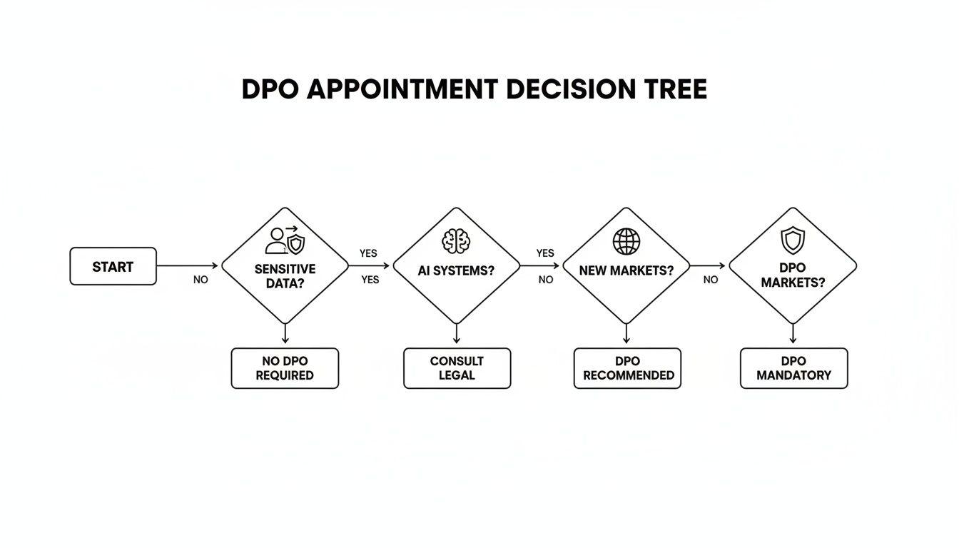 Diagramma di flusso che illustra un albero decisionale per la nomina del DPO basato su dati sensibili, IA e fattori di mercato.