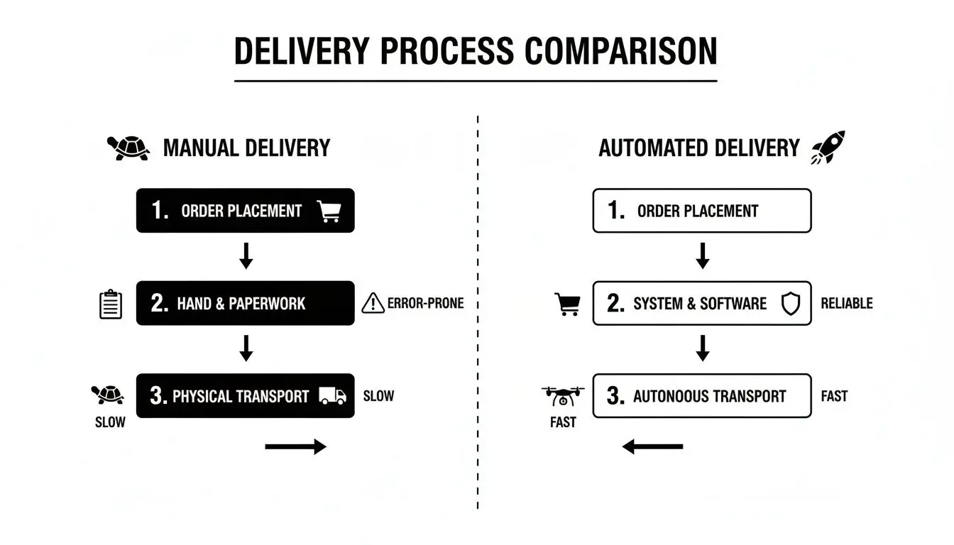 Infographic comparing manual delivery (slow, error-prone) with automated delivery (fast, reliable) processes.