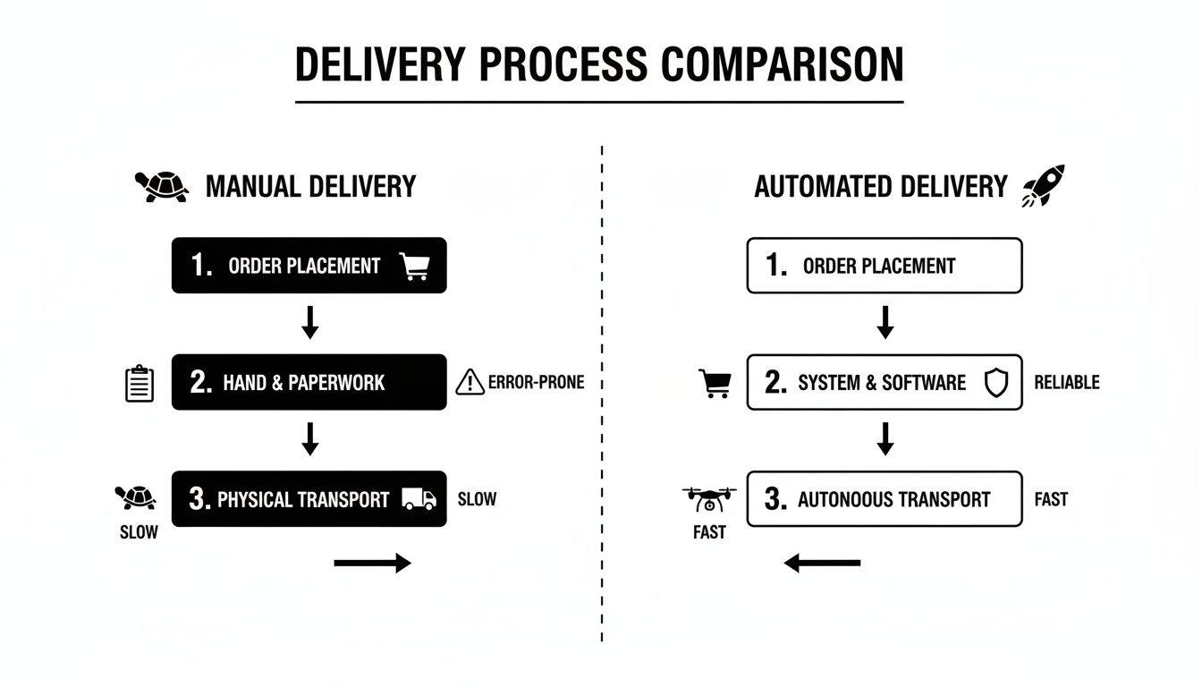 Infographic comparing manual delivery (slow, error-prone) with automated delivery (fast, reliable) processes.