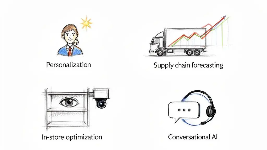 Quattro illustrazioni che raffigurano concetti retail: personalizzazione, previsione della supply chain, ottimizzazione in negozio e IA conversazionale.