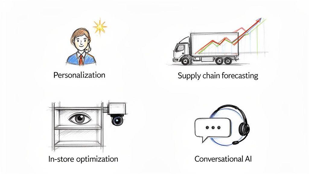 Quattro illustrazioni che raffigurano concetti retail: personalizzazione, previsione della supply chain, ottimizzazione in negozio e IA conversazionale.