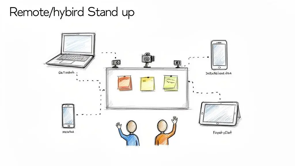 Diagramma che illustra una configurazione di stand-up meeting remoto/ibrido con una lavagna, telecamere e dispositivi connessi.