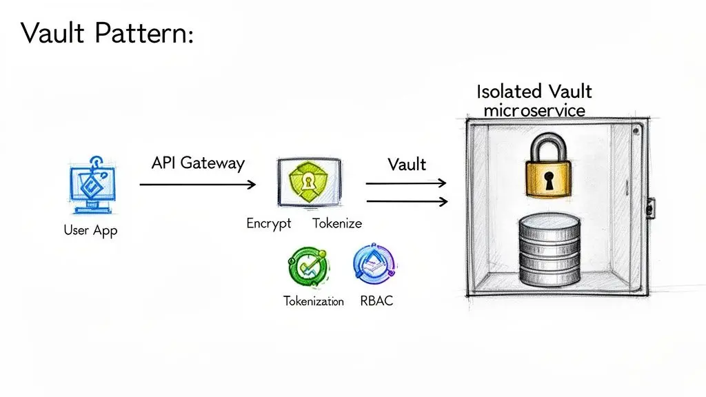 Diagram illustrating the Vault Pattern for securing personal identifiable information using API Gateway, encryption, tokenization, and an isolated microservice.