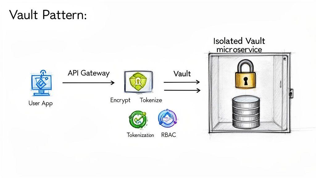 Diagram illustrating the Vault Pattern for securing personal identifiable information using API Gateway, encryption, tokenization, and an isolated microservice.