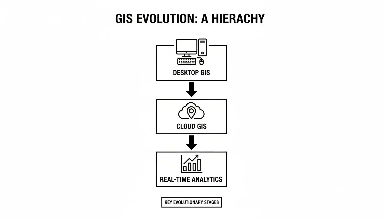 Un diagramma che illustra l'evoluzione gerarchica del GIS da Desktop a Cloud fino all'Analisi in Tempo Reale.