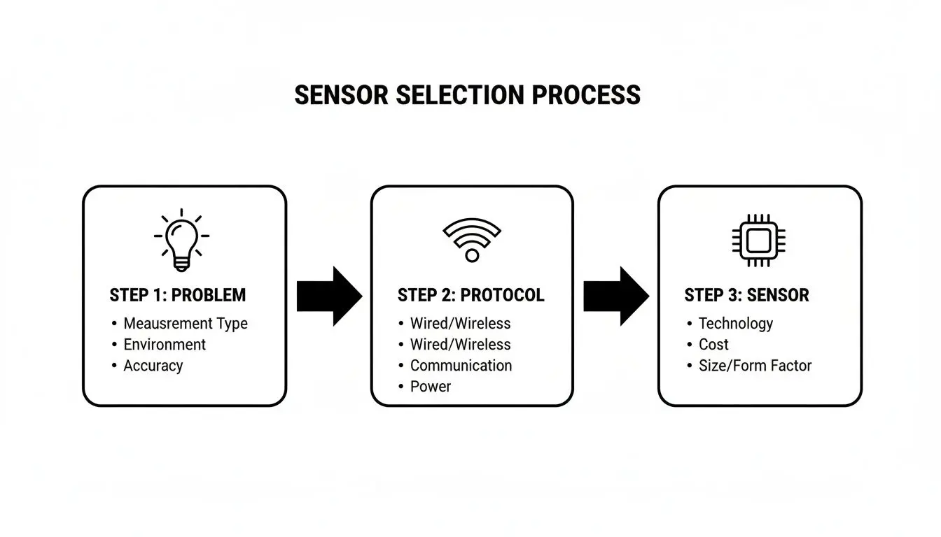 Diagramma di flusso che delinea un processo di selezione dei sensori in 3 passaggi, dettagliando i requisiti del problema, il protocollo di comunicazione e le caratteristiche del sensore.