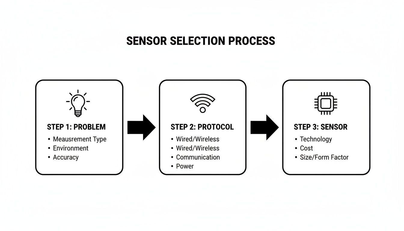 Flowchart outlining a 3-step sensor selection process, detailing problem requirements, communication protocol, and sensor characteristics.