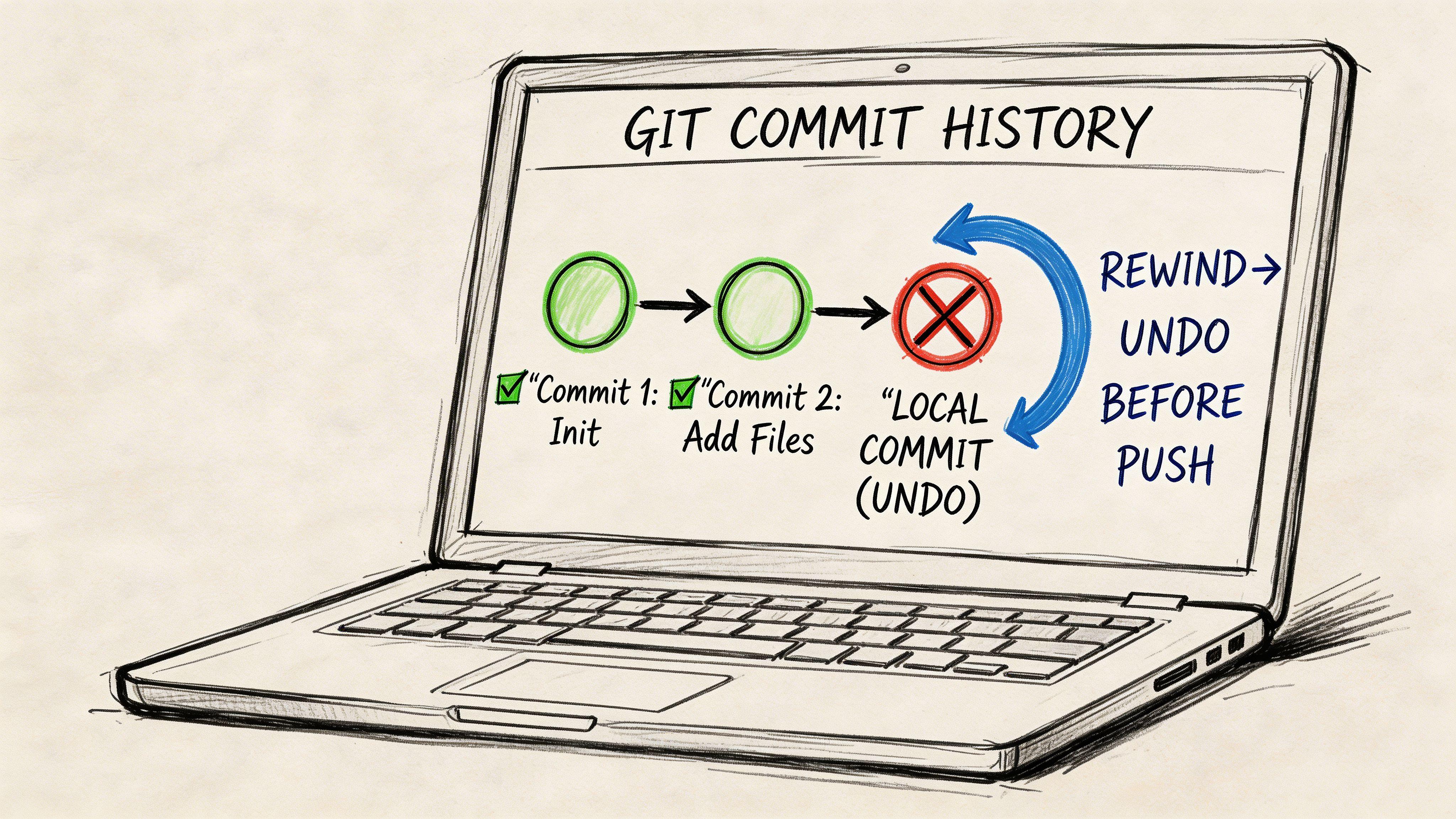 A hand-drawn illustration on a laptop screen explaining how to revert and undo local Git commits.