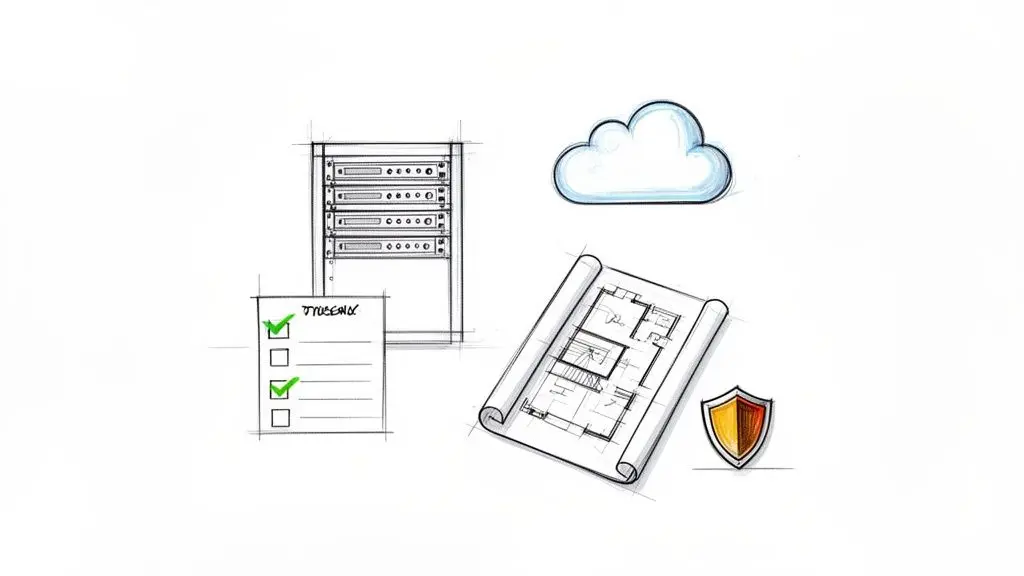 Uno schizzo che mostra infrastruttura IT, cloud, una checklist, un blueprint e uno scudo di sicurezza.