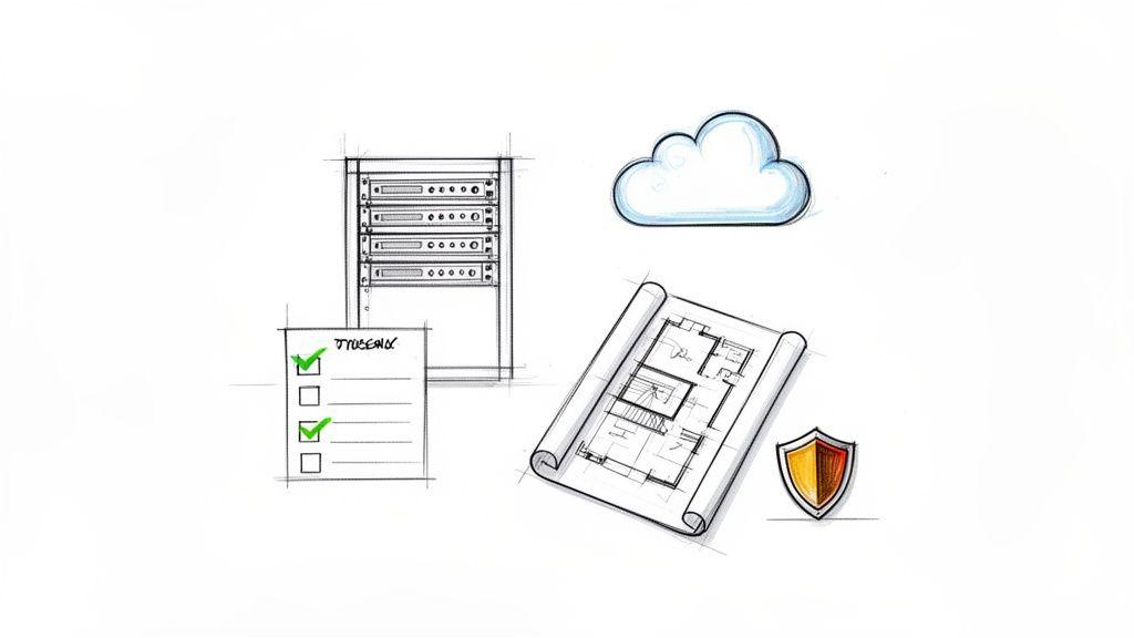 A sketch showing IT infrastructure, cloud, a checklist, a blueprint, and a security shield.