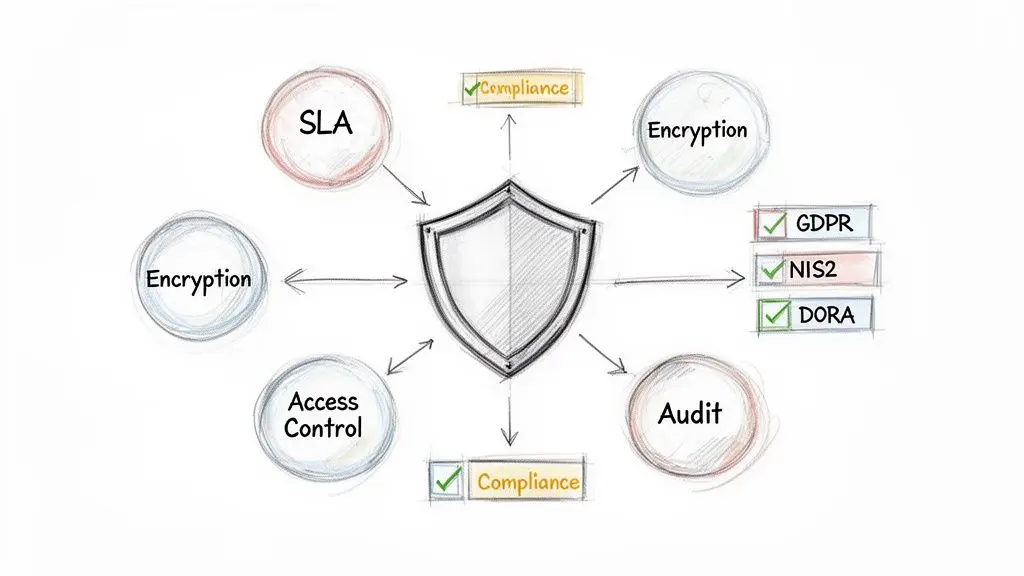 A cybersecurity diagram featuring a shield connected to SLA, encryption, access control, audit, and regulatory compliance like GDPR, NIS2, DORA.