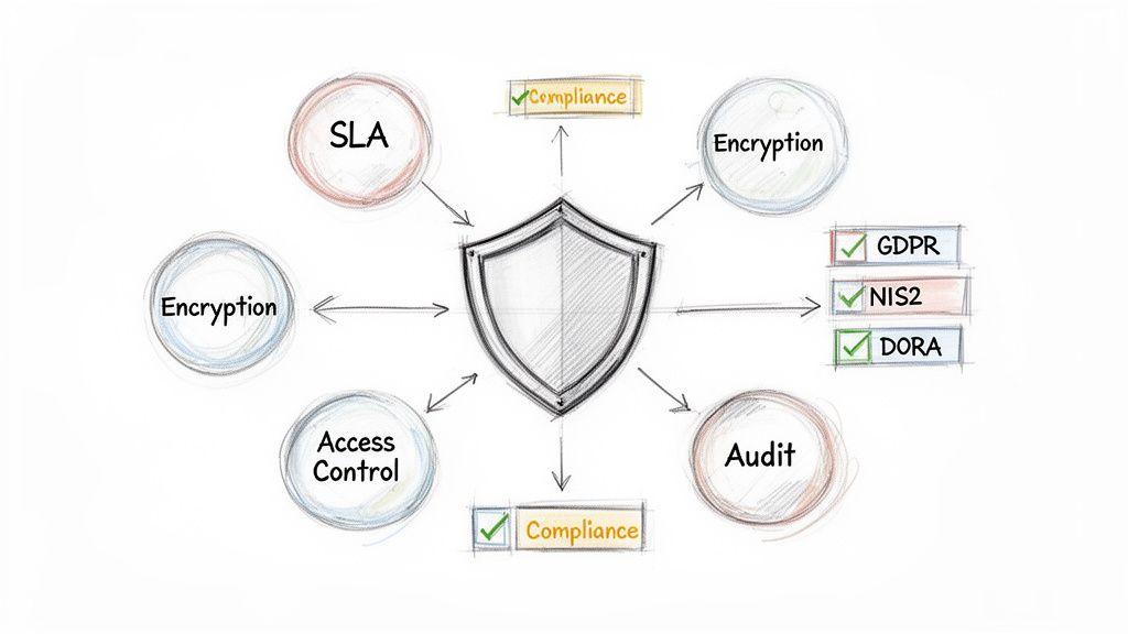 A cybersecurity diagram featuring a shield connected to SLA, encryption, access control, audit, and regulatory compliance like GDPR, NIS2, DORA.