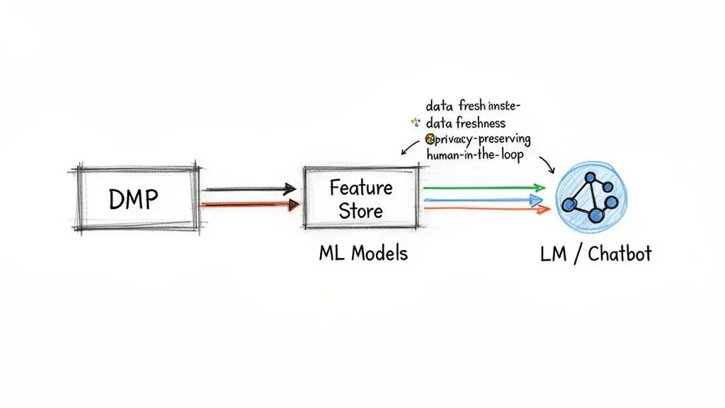 Diagramma di flusso che mostra la gestione dei dati da DMP, attraverso un feature store, fino a large language models o chatbot.