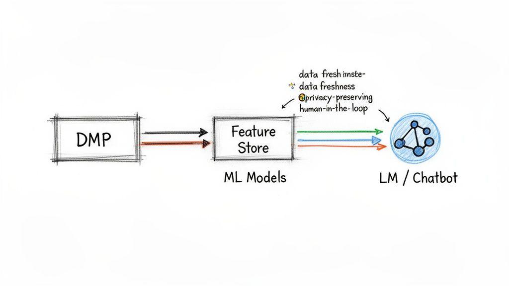 Flowchart depicting data management from DMP, through feature store, to large language models or chatbots.