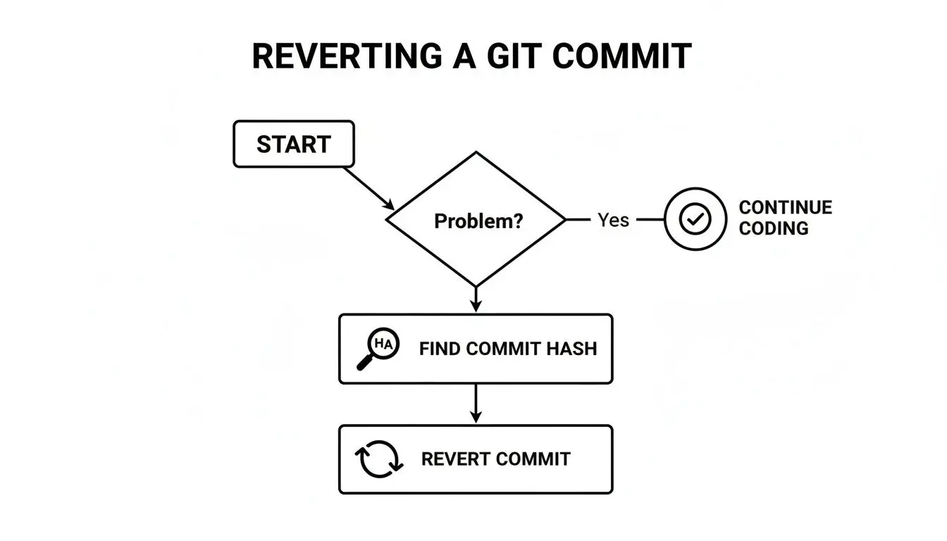 Un diagramma di flusso che dettaglia il processo di revert di un commit Git, dall'identificazione dei problemi all'esecuzione del revert.