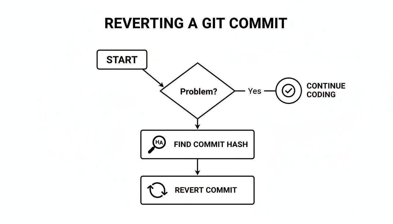 Un diagramma di flusso che dettaglia il processo di revert di un commit Git, dall'identificazione dei problemi all'esecuzione del revert.