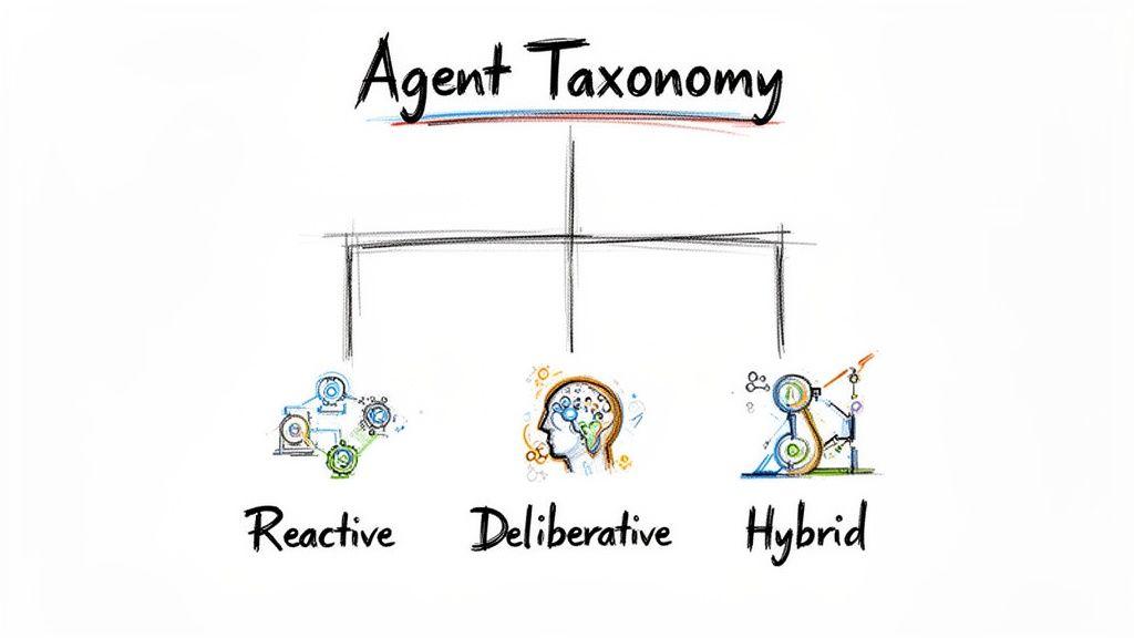 Un diagramma disegnato a mano che illustra la tassonomia degli agenti, categorizzando gli agenti in modelli reattivi, deliberativi e ibridi.