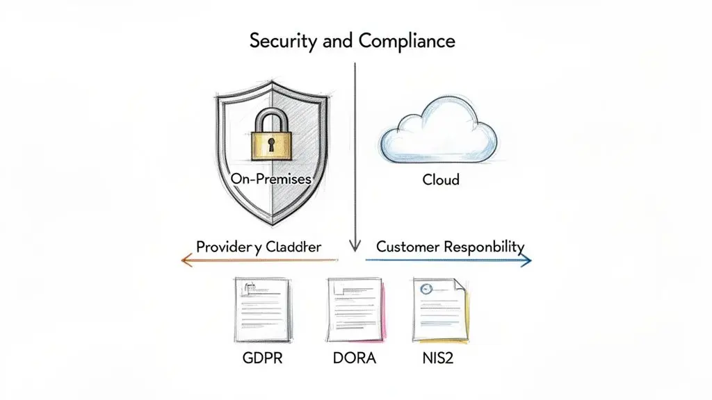Diagram illustrating security and compliance responsibilities for on-premises versus cloud environments, referencing GDPR, DORA, and NIS2.