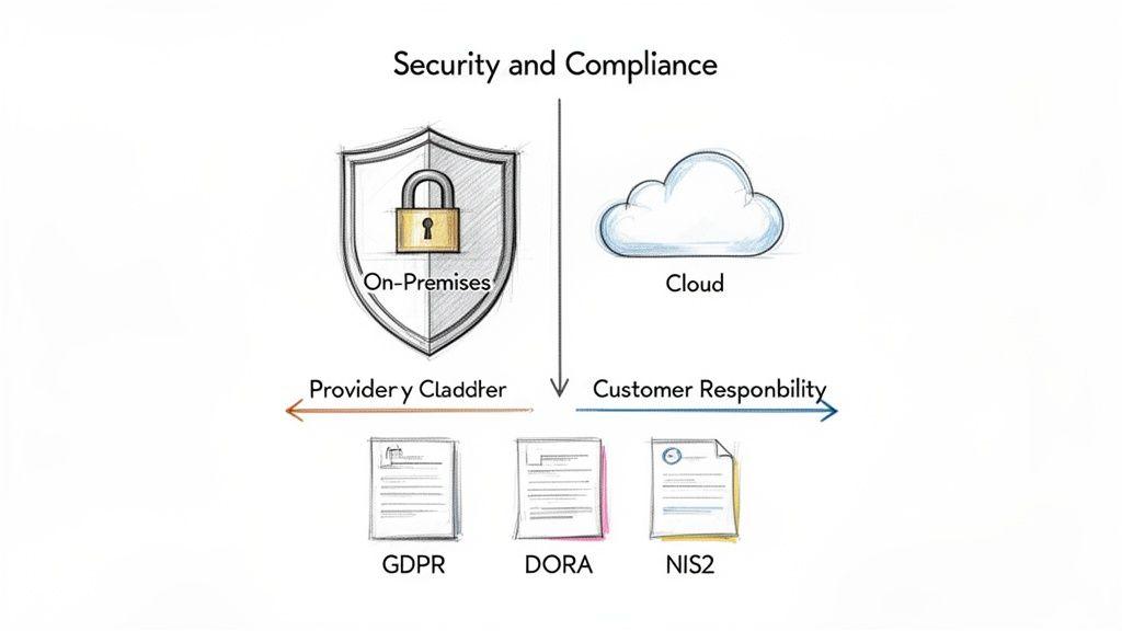 Diagramma che illustra responsabilità di sicurezza e conformità per ambienti in sede rispetto al cloud, facendo riferimento a GDPR, DORA e NIS2.
