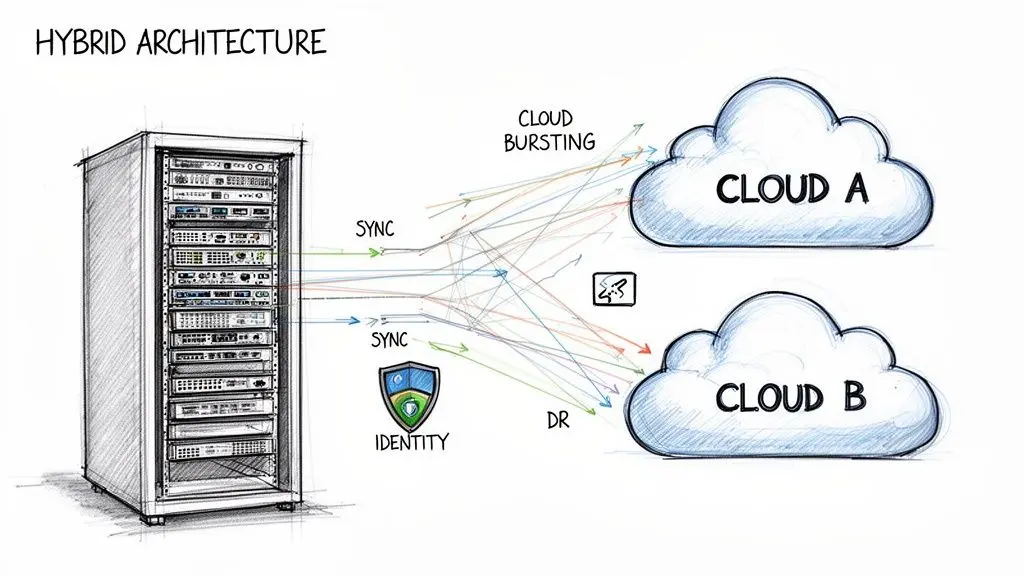 Un diagramma illustra un'architettura cloud ibrida con un rack di server on-premise collegato a Cloud A e Cloud B.