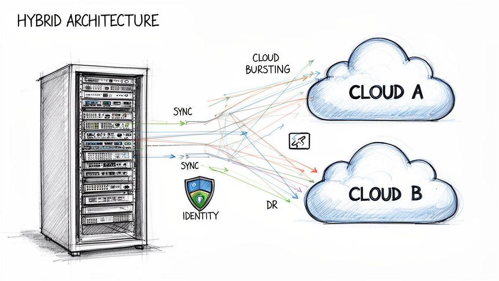 A diagram illustrates a hybrid cloud architecture with an on-premise server rack connected to Cloud A and Cloud B.