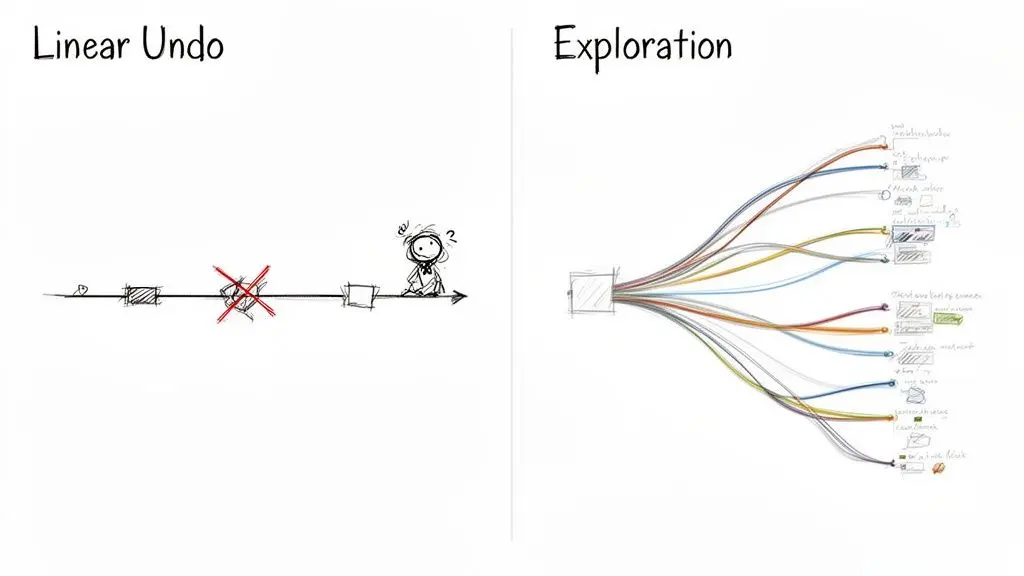 Diagram illustrating linear undo's limitations against a rich, branching exploration of possibilities.