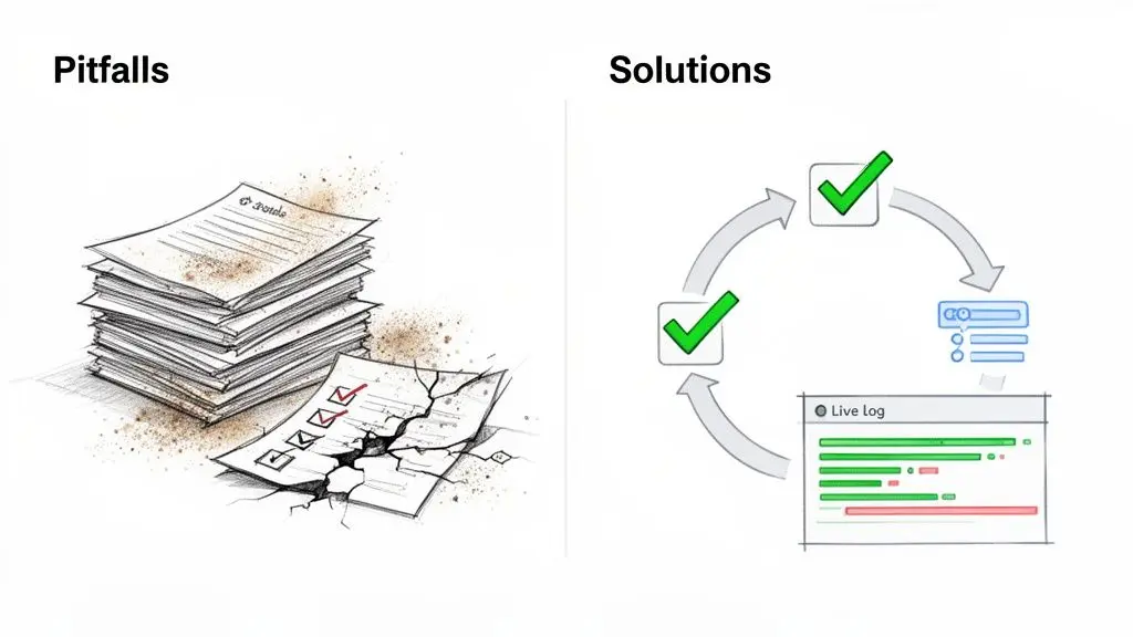 Immagine che contrappone le criticità della gestione manuale dei documenti con soluzioni automatizzate di conformità e logging in tempo reale.