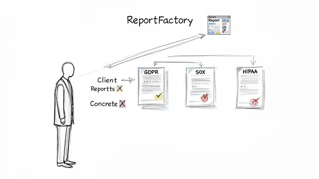 Il client interagisce con una ReportFactory per generare vari report di conformità come GDPR, SOX e HIPAA.