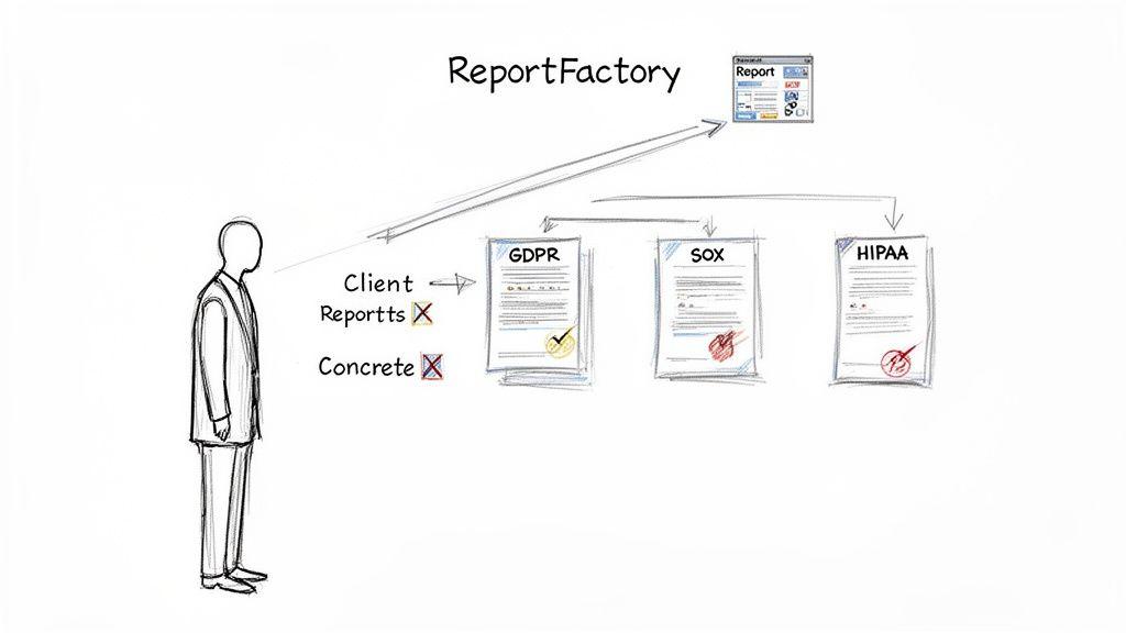 Client interacts with a ReportFactory to generate various compliance reports like GDPR, SOX, and HIPAA.