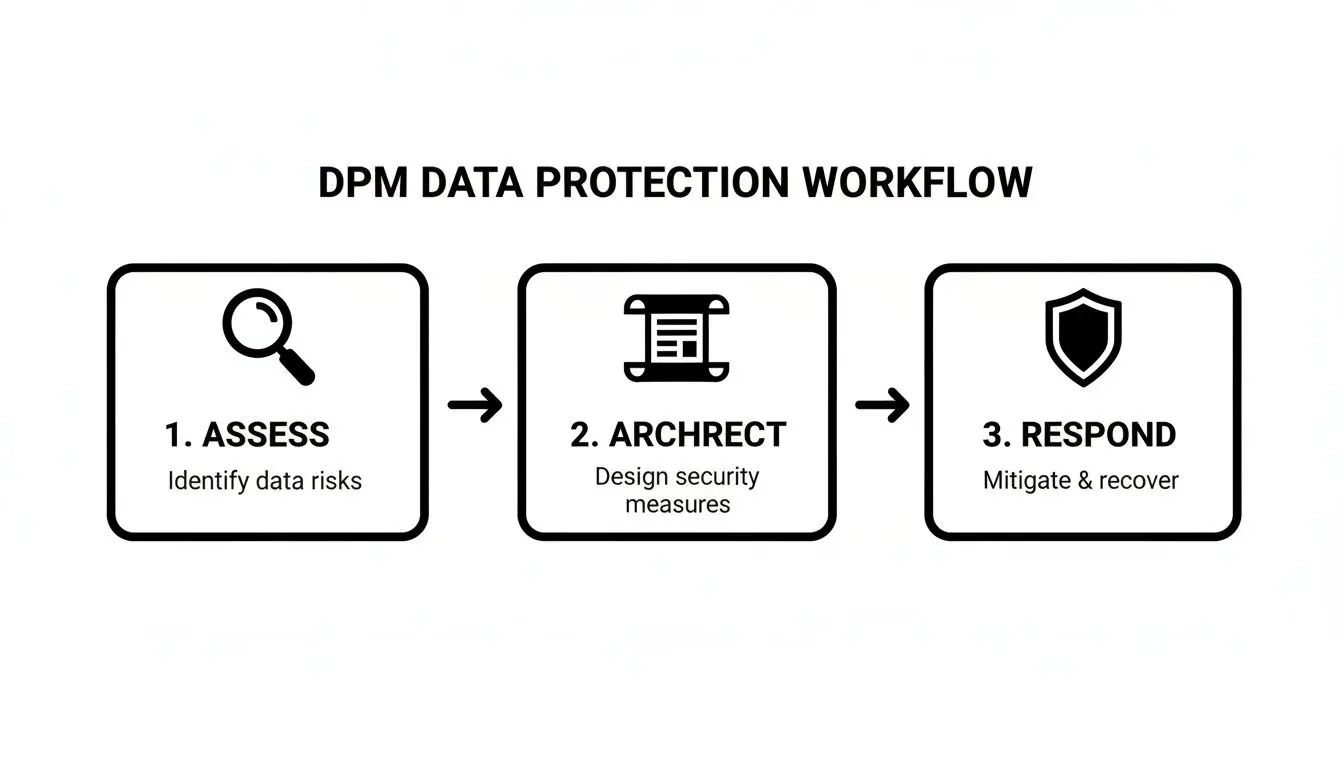 A DPM data protection workflow diagram showing three steps: Assess, Archrect, and Respond.