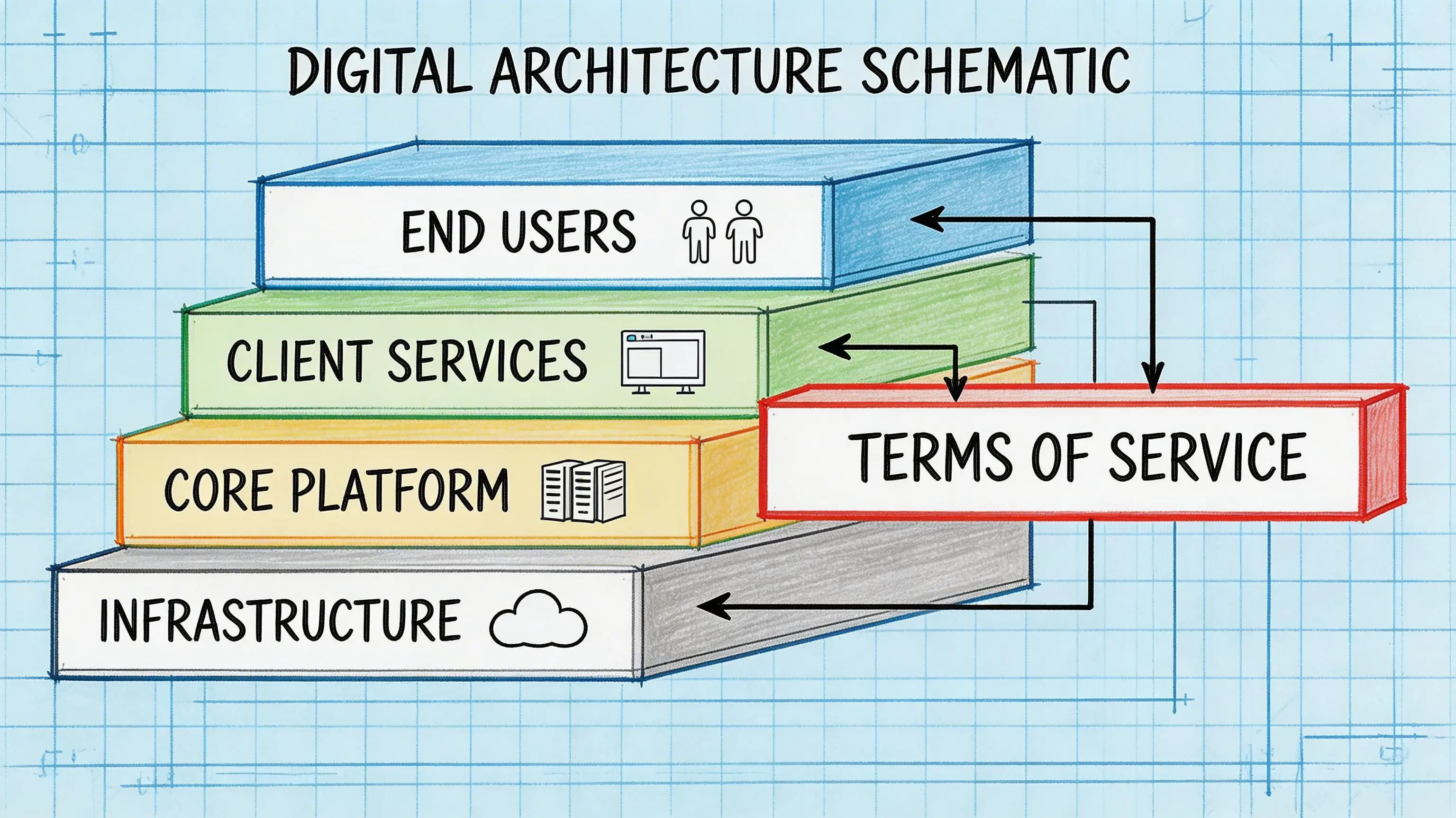 A digital architecture diagram showing layers of infrastructure, platforms, client services, and end users with a terms of service overlay.