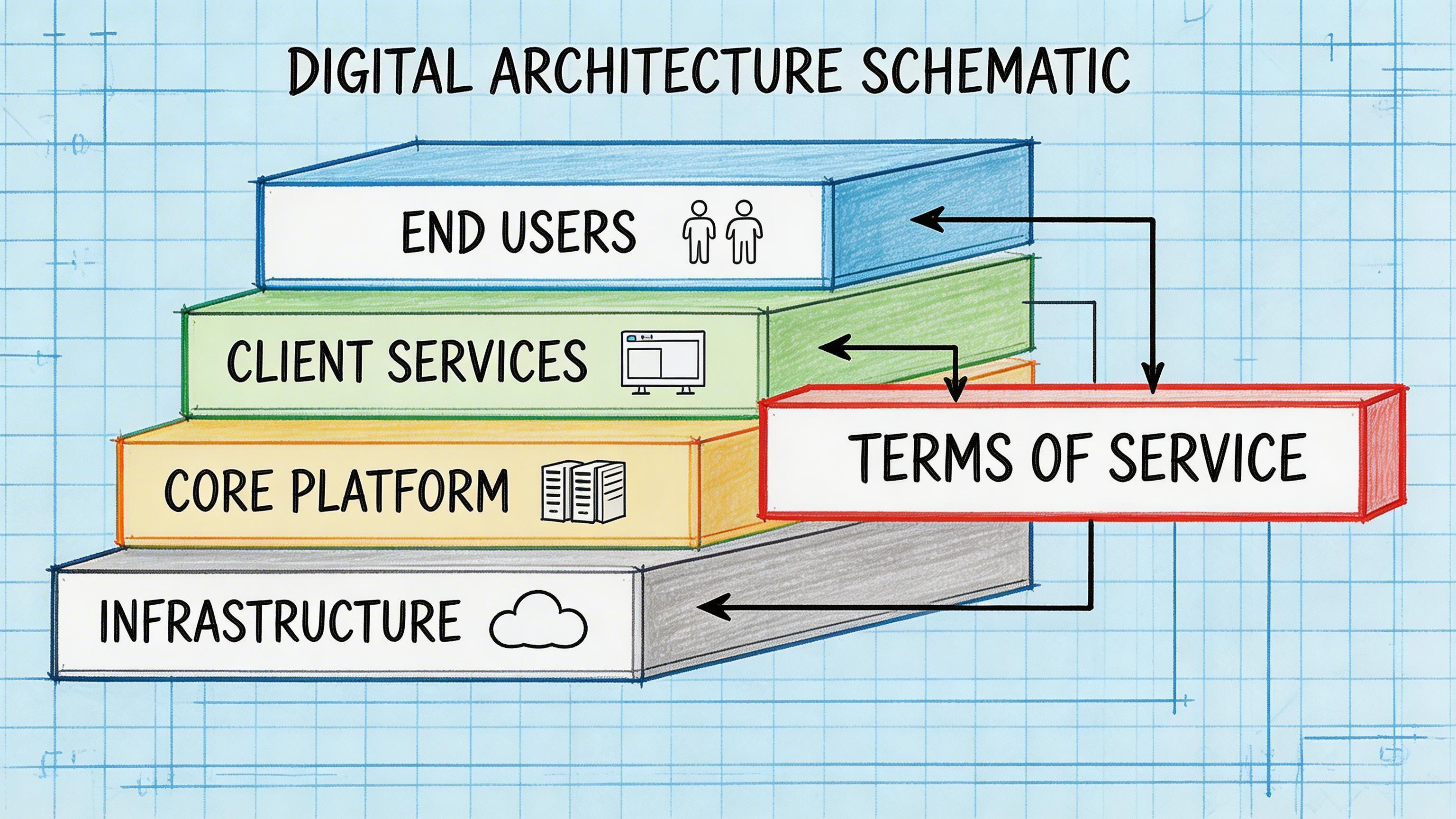 A digital architecture diagram showing layers of infrastructure, platforms, client services, and end users with a terms of service overlay.