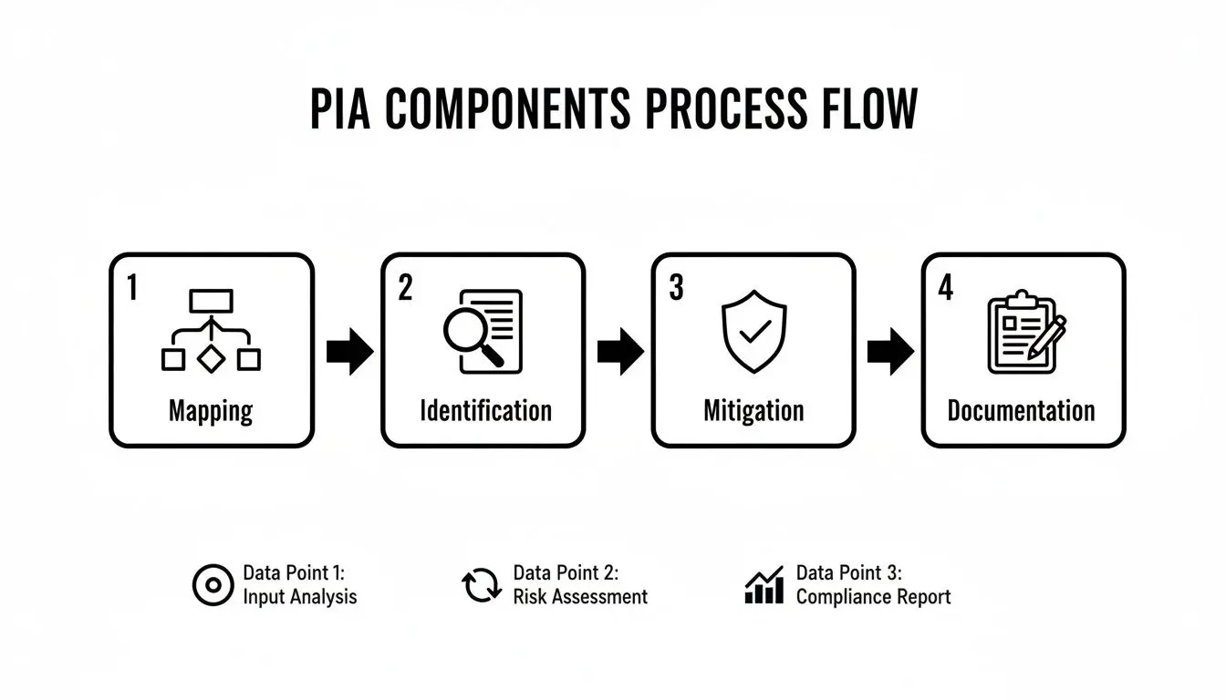 Diagramma del flusso del processo dei componenti PIA che illustra mappatura, identificazione, mitigazione e documentazione con punti dati.