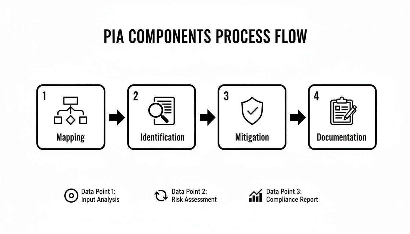 PIA Components Process Flow flowchart illustrating Mapping, Identification, Mitigation, and Documentation steps with data points.
