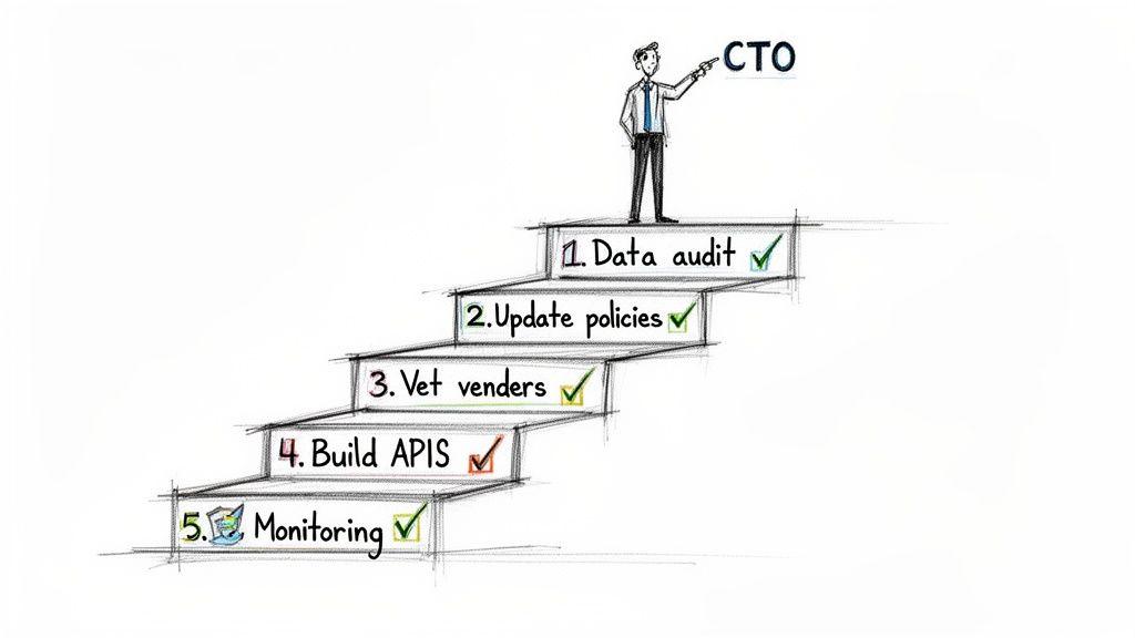 A CTO leads a 5-step data governance process: audit, policies, vendor vetting, APIs, and monitoring.