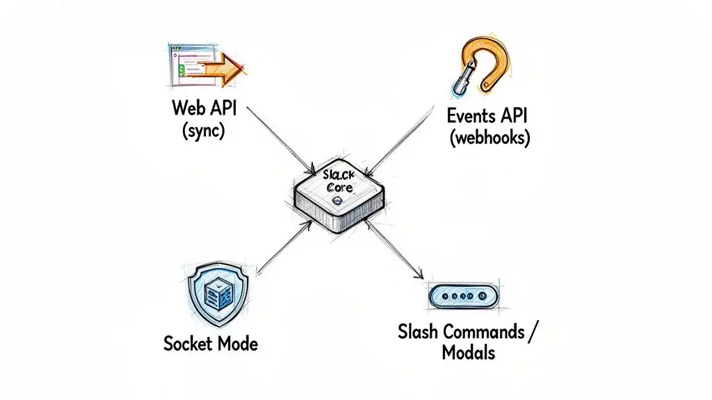Diagramma che illustra Slack Core come hub centrale che collega Web API, Events API, Socket Mode e Slash Commands.