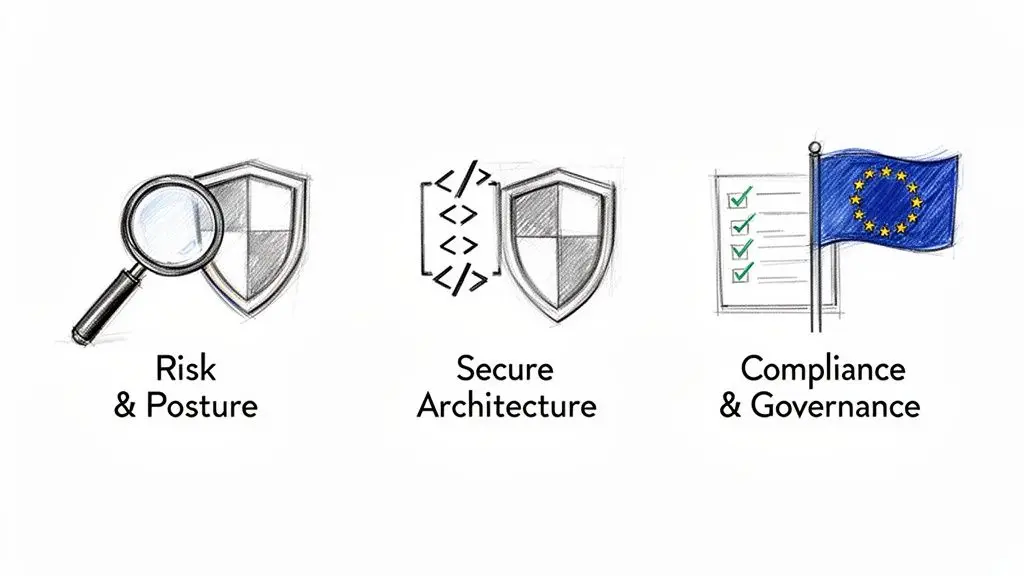 Icons representing cybersecurity services: risk management, secure architecture, and compliance governance.