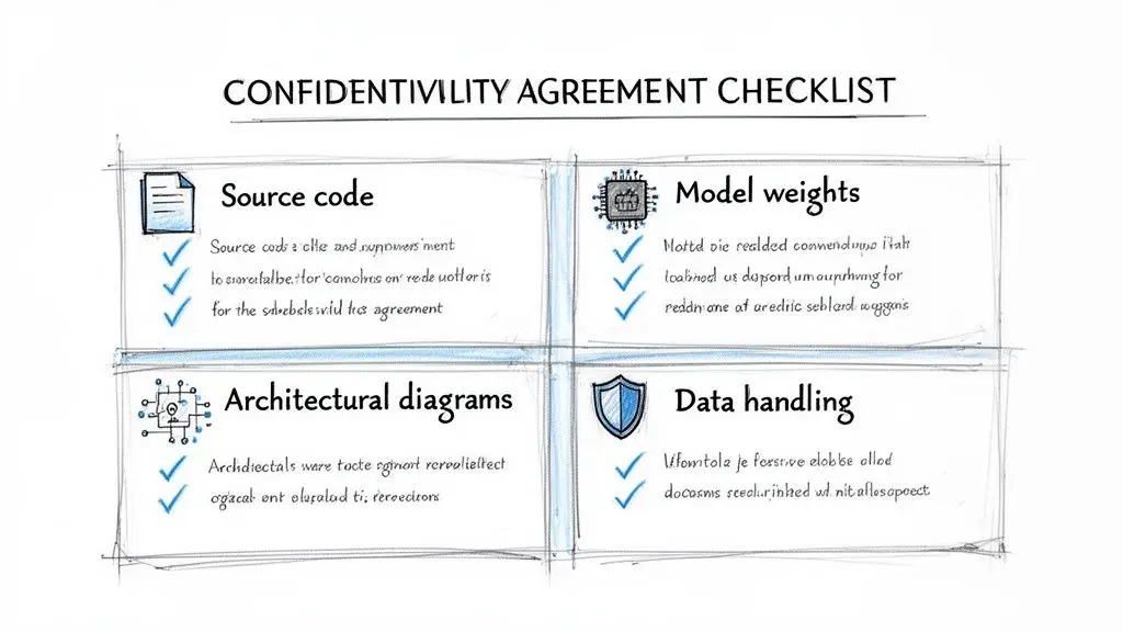 Una checklist di accordo di riservatezza disegnata a mano che copre codice sorgente, pesi del modello, diagrammi architetturali e gestione dei dati.