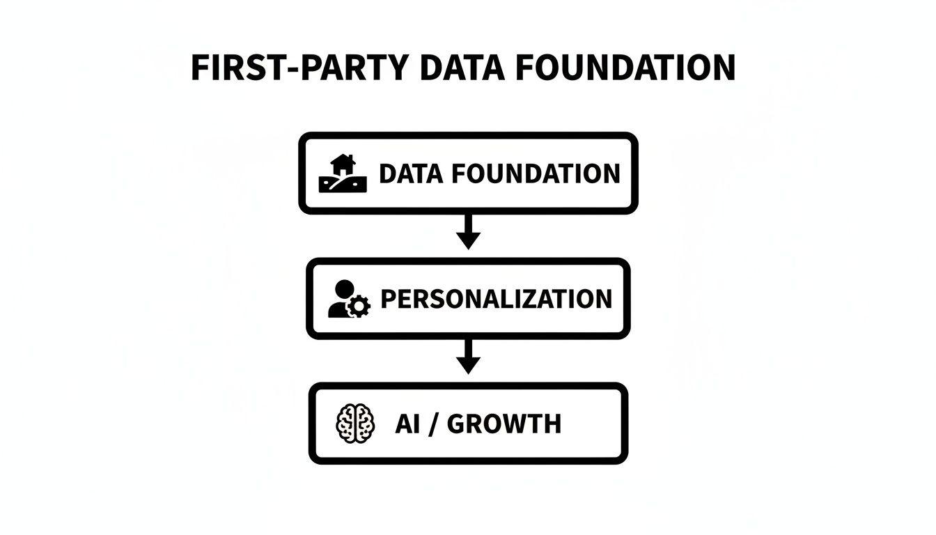 Diagramma di flusso che illustra la progressione dalla base dei dati di prima parte alla personalizzazione e alla crescita guidata dall'IA.