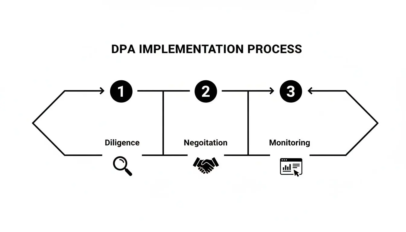 Three-step DPA implementation process: diligence, negotiation, and monitoring, represented with icons.