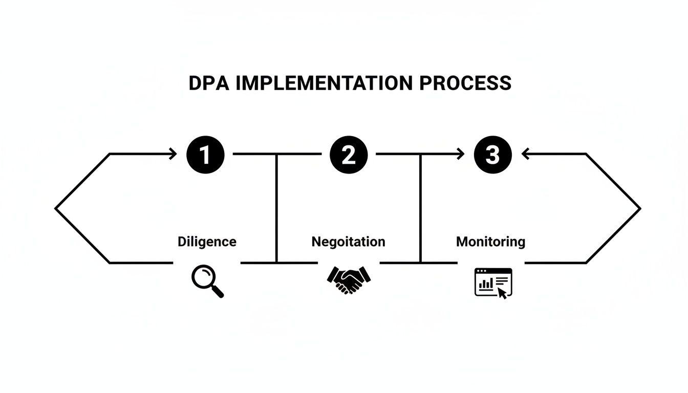 Processo di implementazione del DPA in tre fasi: due diligence, negoziazione e monitoraggio, rappresentato con icone.