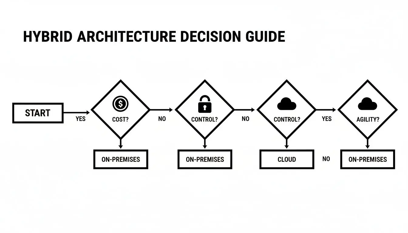 Flowchart guiding hybrid architecture decisions based on cost, control, and agility, leading to on-premises or cloud solutions.